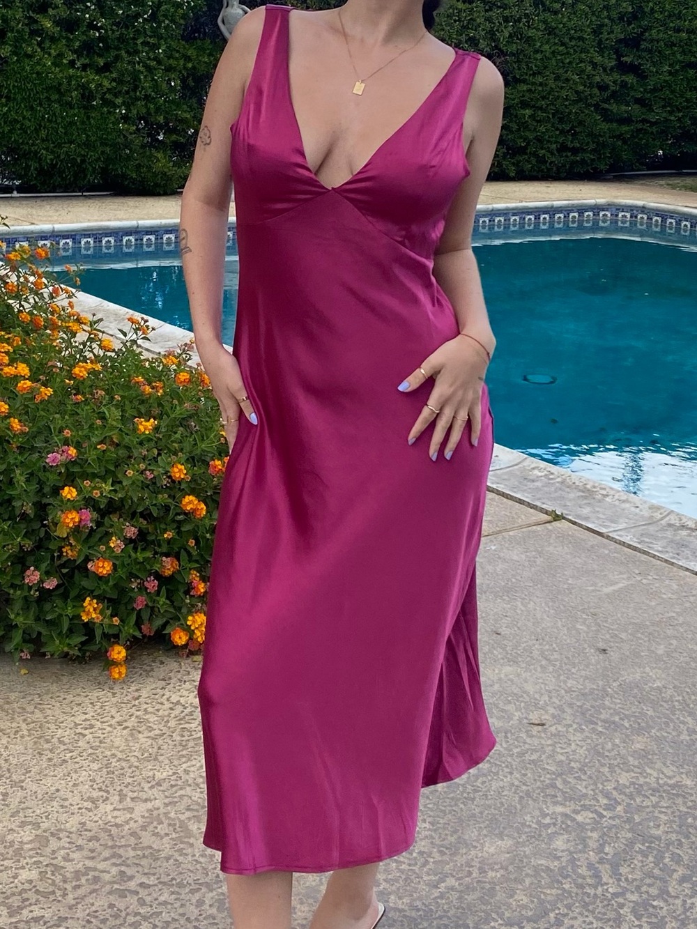 Magenta Satin V-Neck Slip Dress